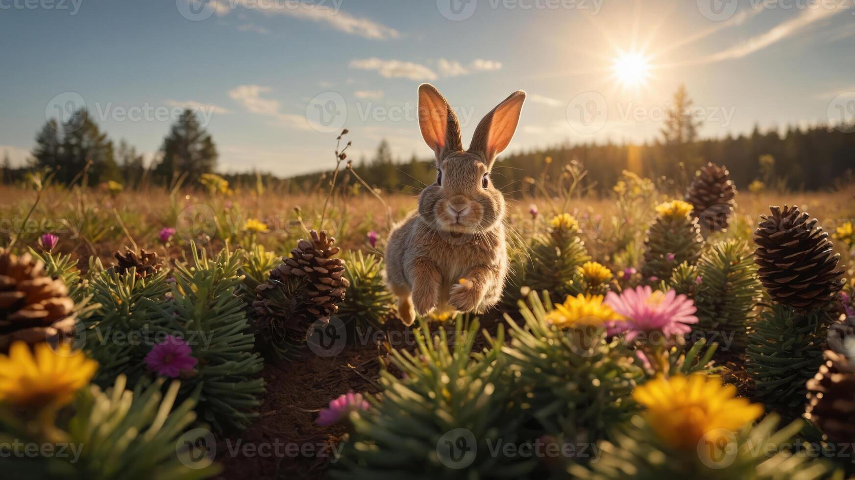 A rabbit leaps joyfully among colorful flowers and pinecones under a warm sunset. photo