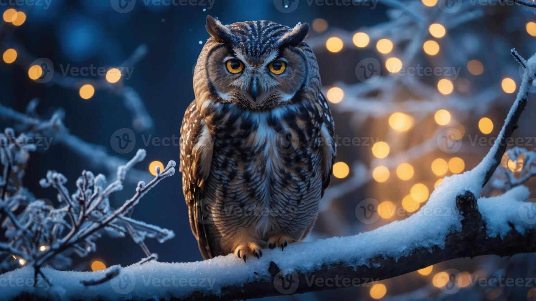 A snowy owl perched on a branch, illuminated by soft, glowing lights in a winter setting. photo