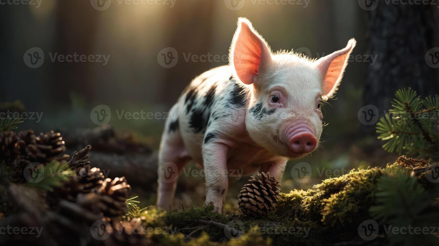 A small piglet exploring a forest floor surrounded by pinecones and greenery. photo