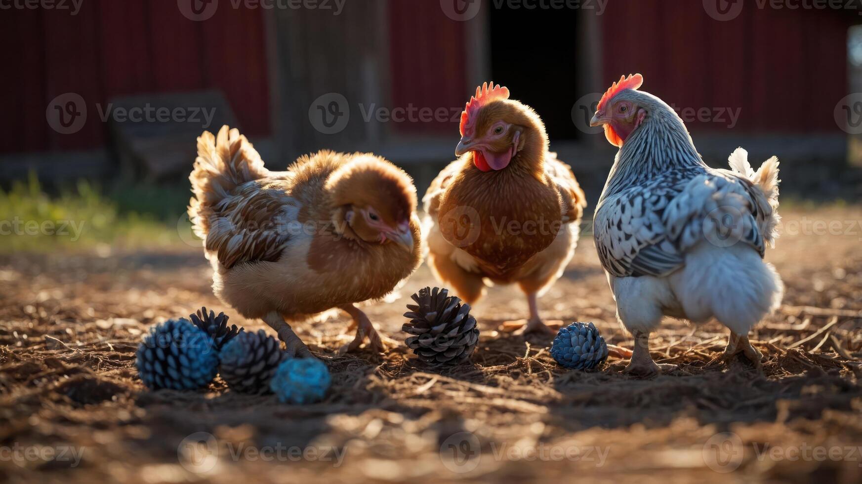 Three chickens pecking around pine cones on a farm. photo