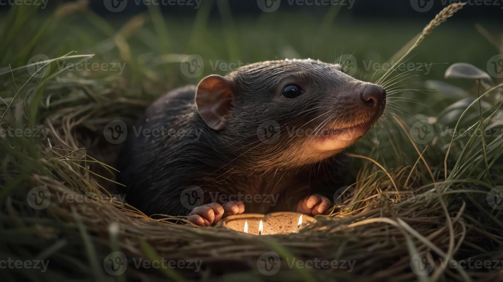 A close-up of a small mammal in a nest illuminated by candlelight in a grassy setting. photo