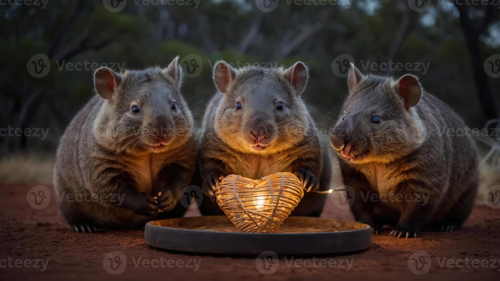 Three wombats gathered around a heart-shaped lantern in a serene outdoor setting. photo