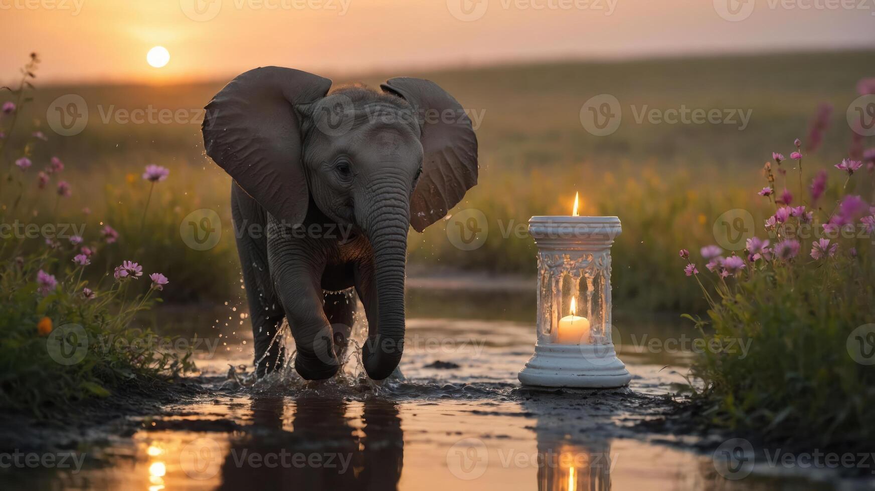 A playful elephant splashes through water near a candlelit lantern at sunset. photo