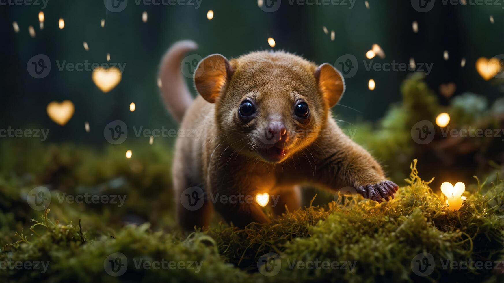 A cute animal with a curious expression surrounded by a whimsical, heart-filled atmosphere. photo