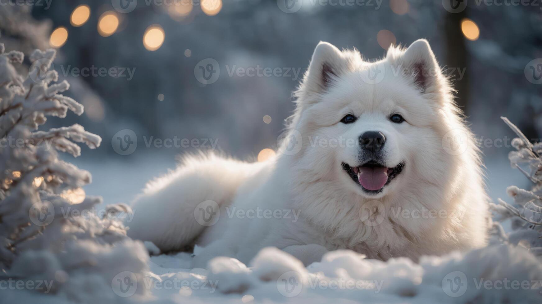 A fluffy white dog resting in the snow, surrounded by a serene winter landscape. photo