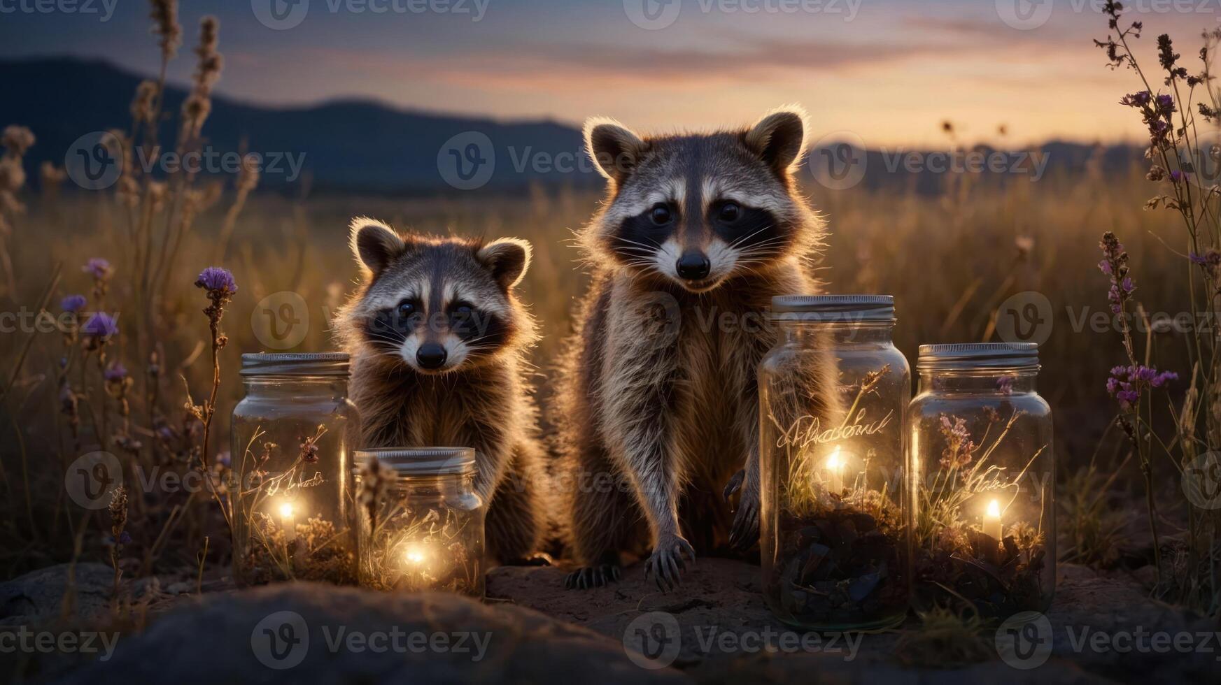 Two raccoons sit among glowing jars at sunset in a serene, natural setting. photo