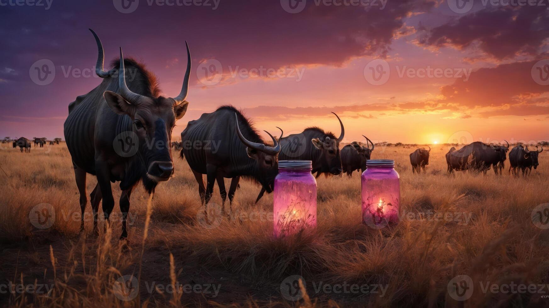 A serene sunset scene with wildebeests near glowing jars in a grassy landscape. photo