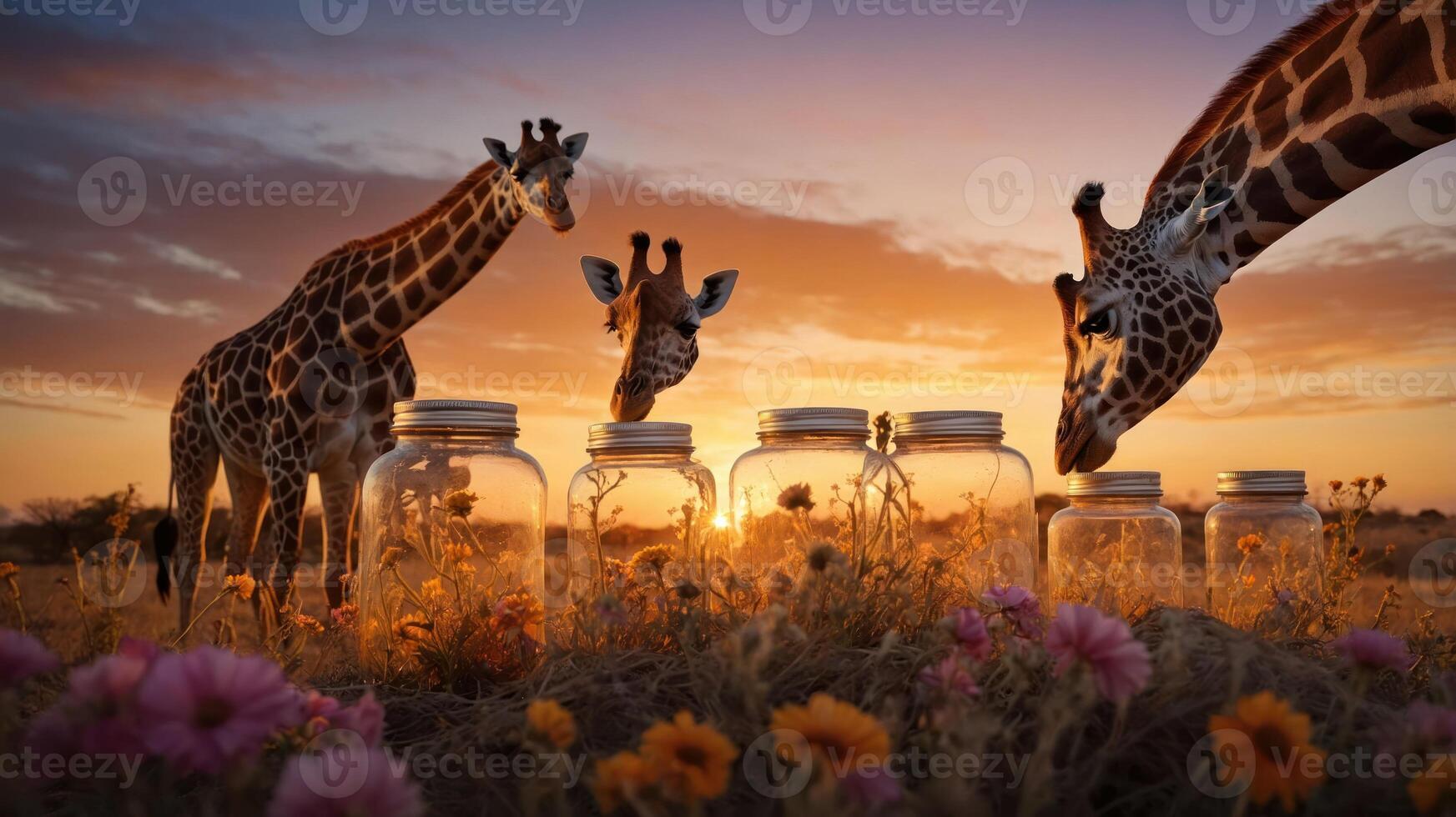 Giraffes curiously examine jars amidst a colorful sunset and blooming flowers. photo