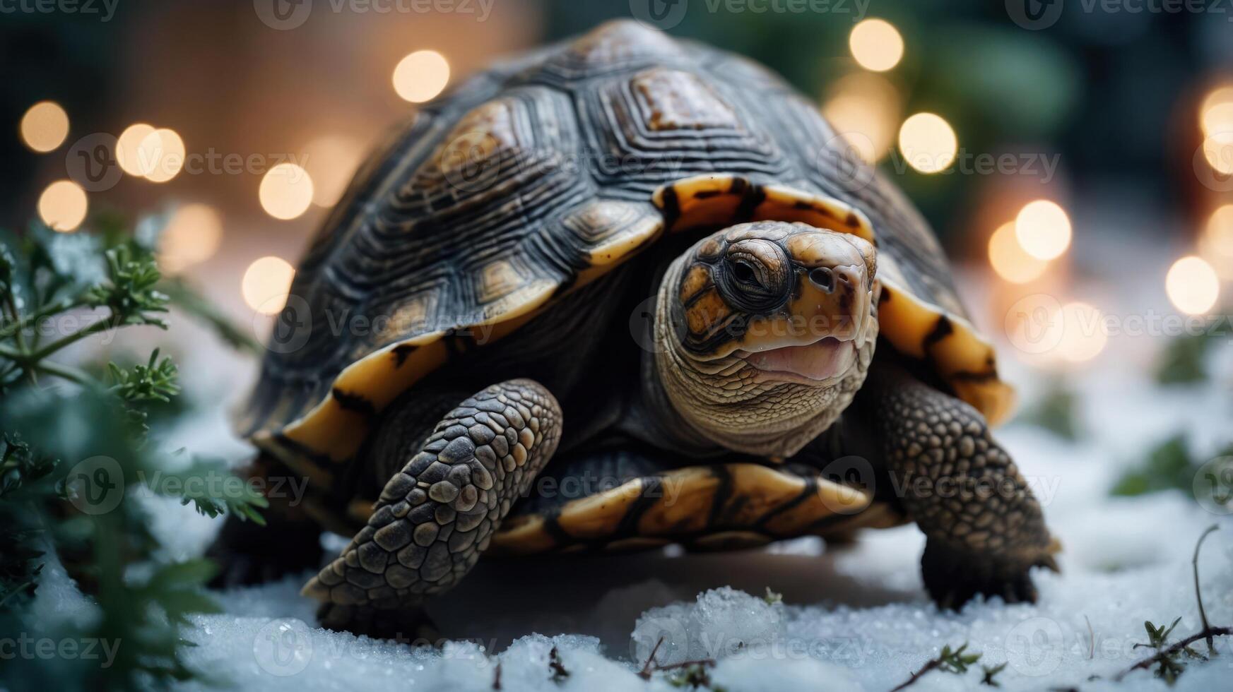 A tortoise on snow with festive lights in the background. photo
