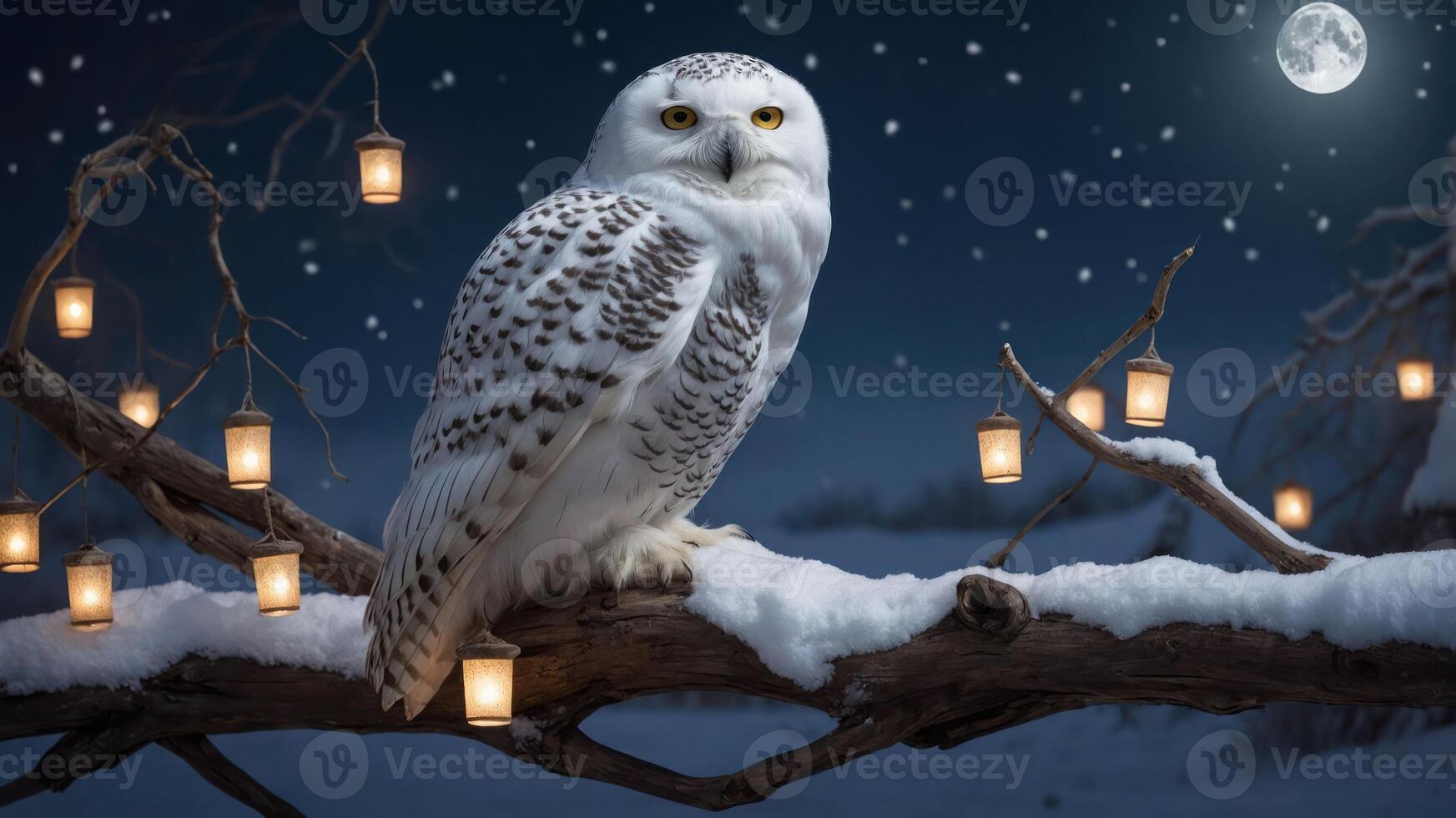 A snowy owl perched on a branch surrounded by lanterns under a moonlit sky. photo