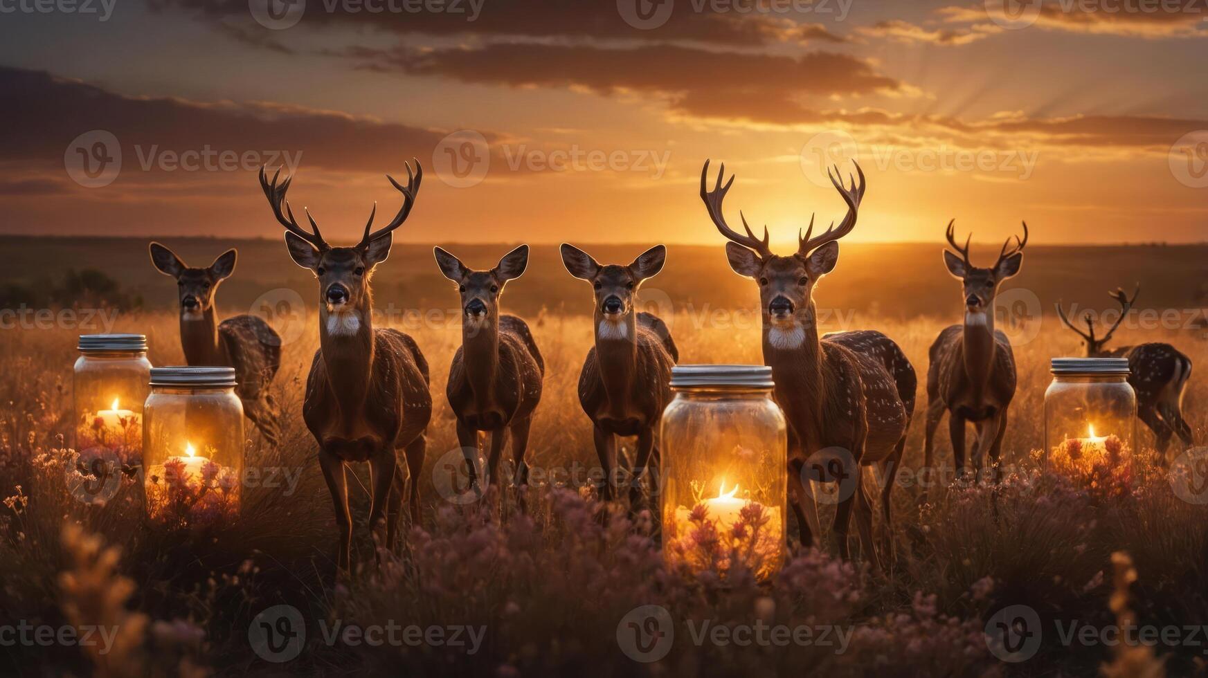 A group of deer surrounded by glowing jars at sunset in a serene landscape. photo