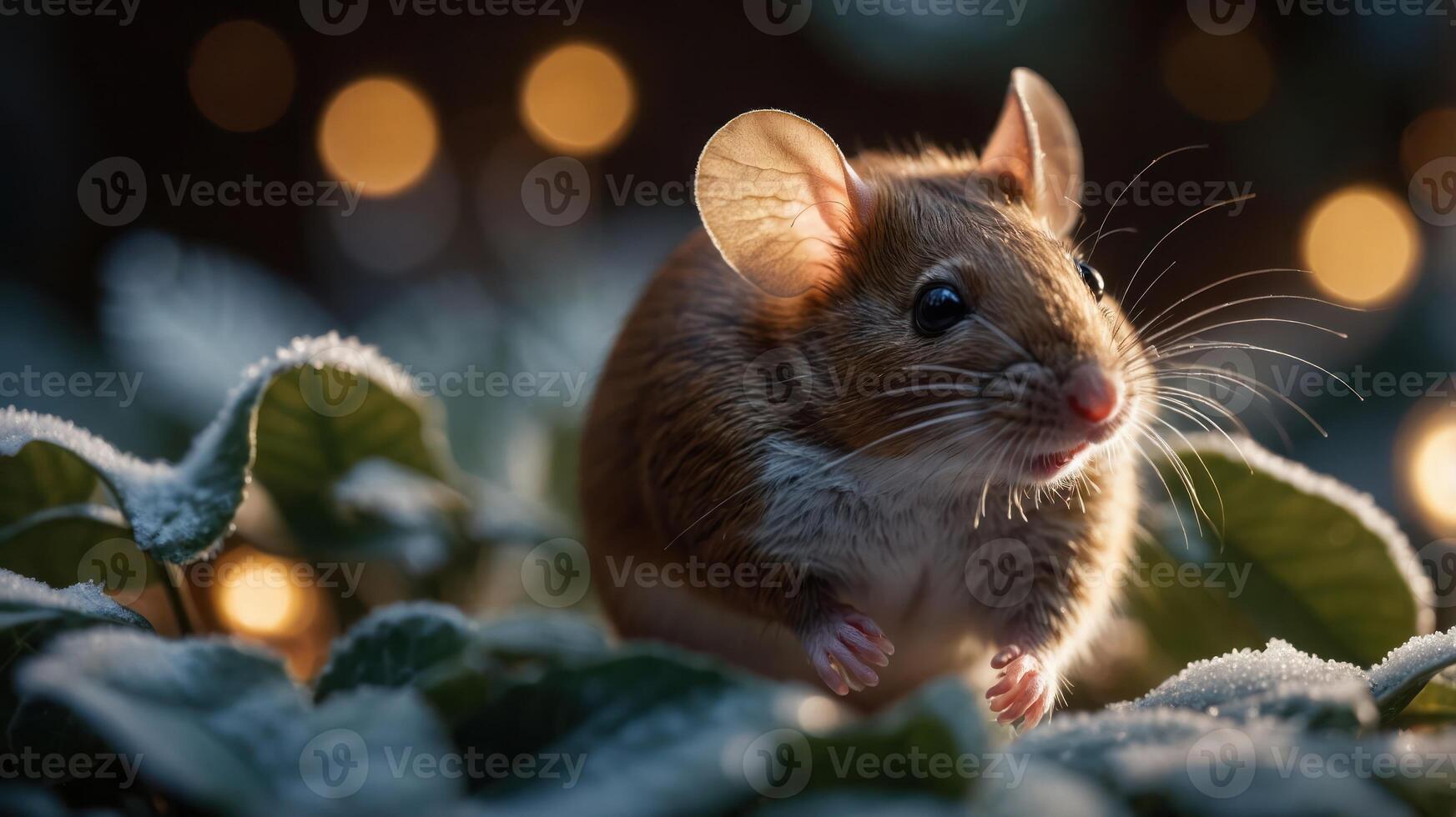 A close-up of a mouse on snow-covered leaves with soft bokeh lights in the background. photo