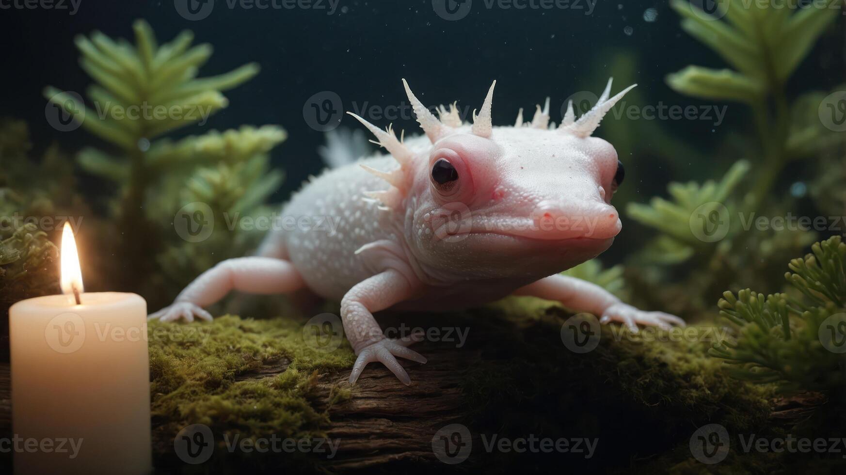 An axolotl with a candle in an underwater setting, surrounded by aquatic plants. photo