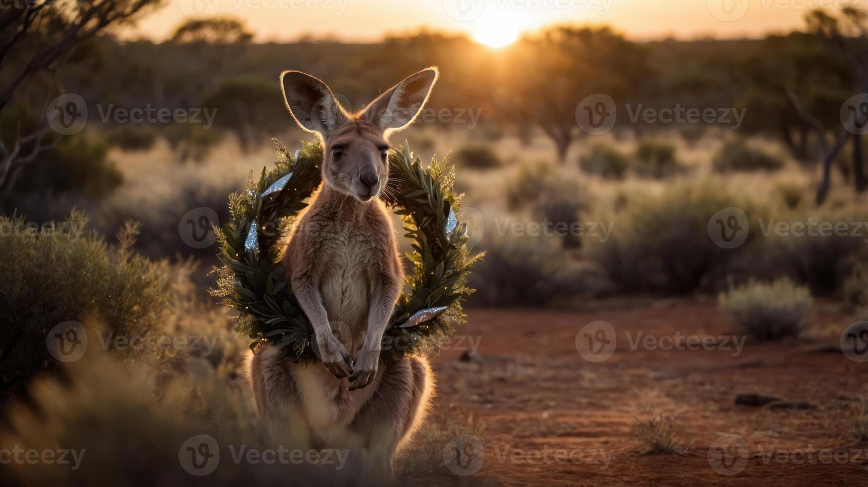 A kangaroo adorned with a wreath stands in a sunlit Australian landscape. photo