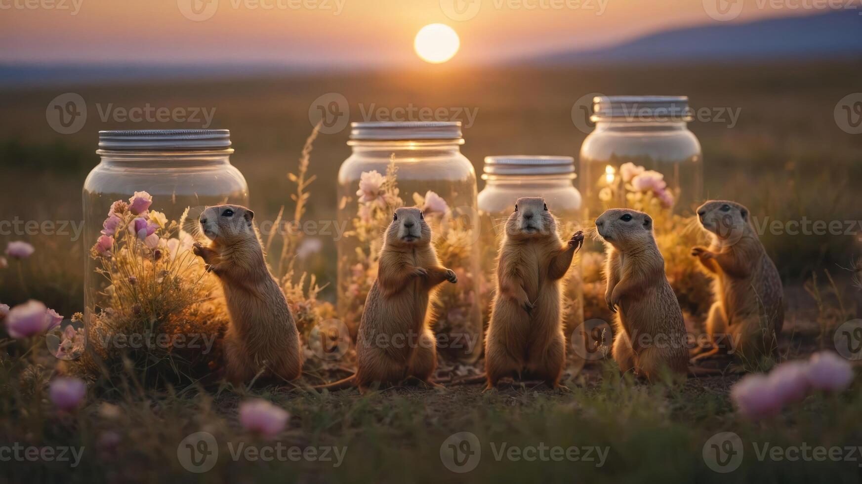 A group of playful prairie dogs near jars filled with flowers at sunset. photo