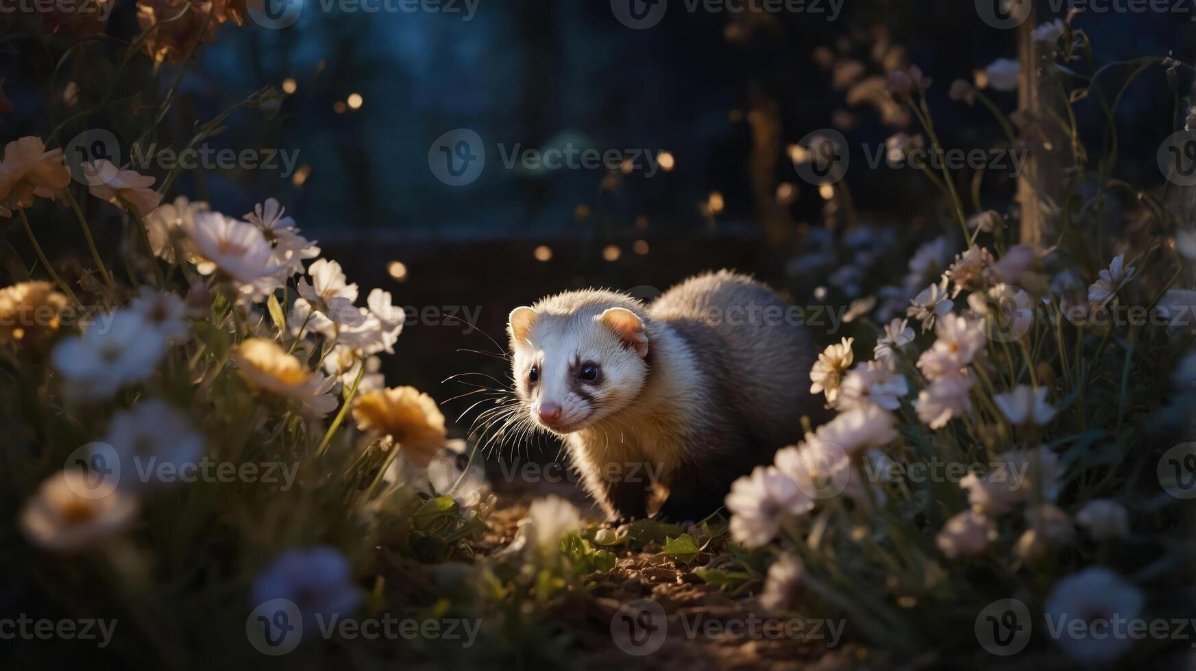 A ferret exploring a flower-filled environment, illuminated by soft light. photo
