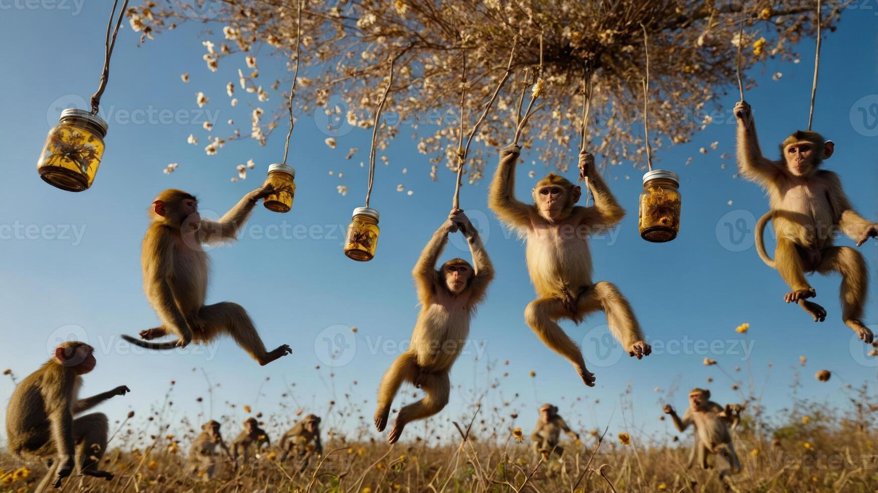 Monkeys playfully interacting with jars hanging from a tree in a vibrant landscape. photo