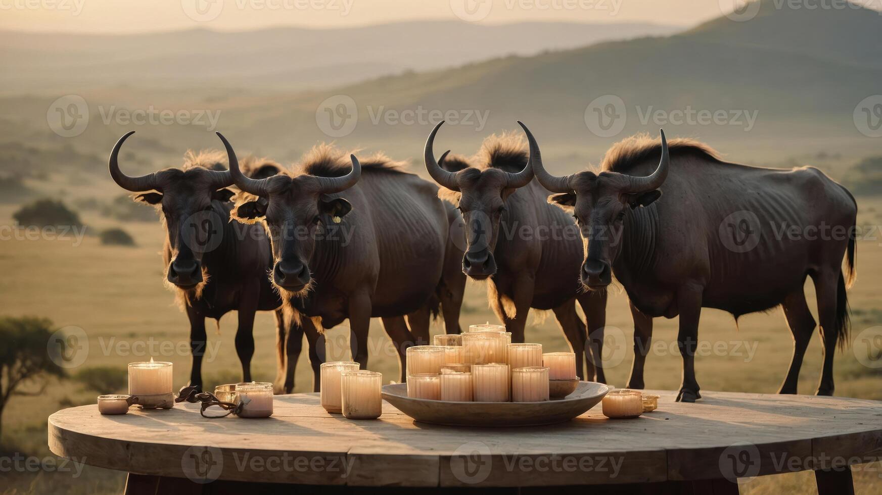 Four buffaloes near a candlelit table in a serene landscape at sunset. photo