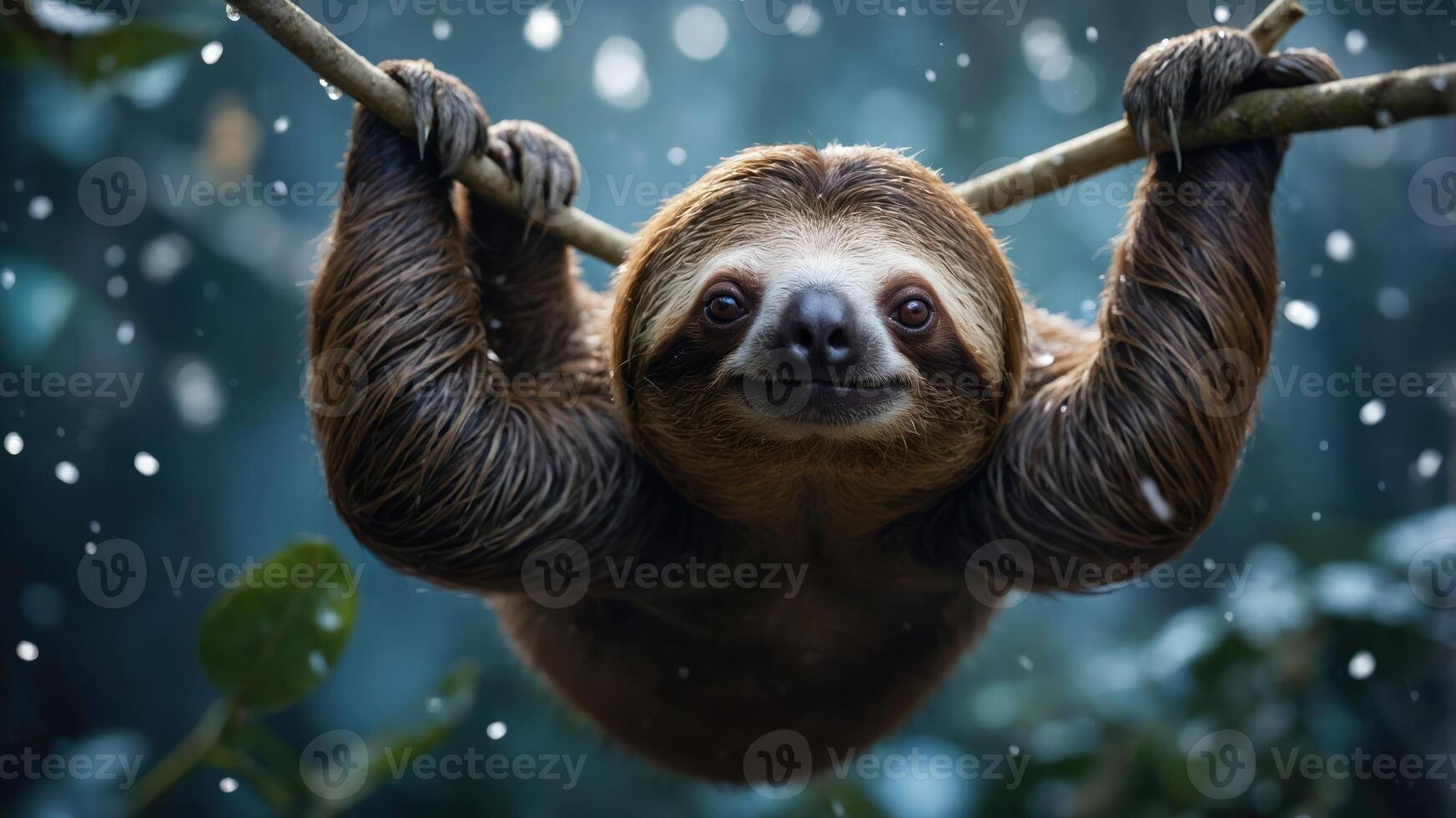 A sloth hanging from a branch in a snowy forest setting. photo