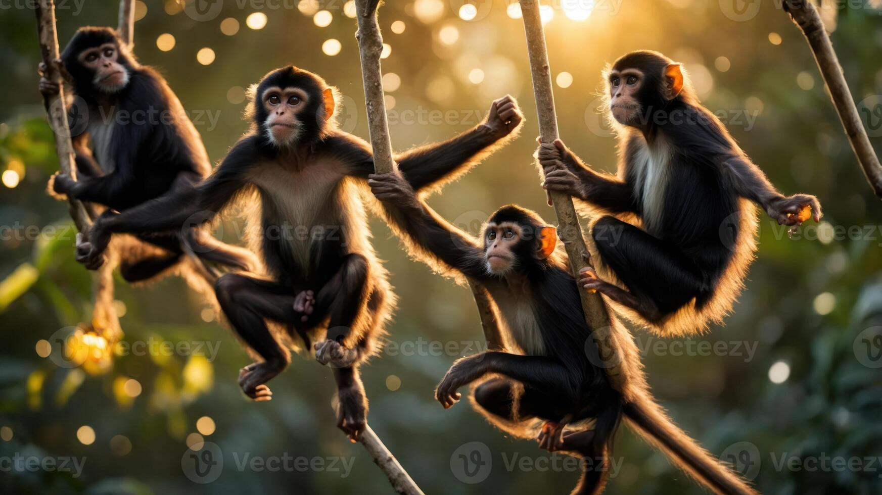 Four monkeys playfully swinging on branches in a sunlit forest. photo