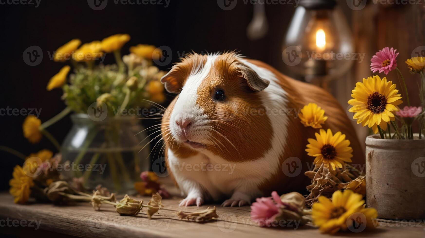 A guinea pig surrounded by flowers in a cozy setting, creating a warm and inviting atmosphere. photo