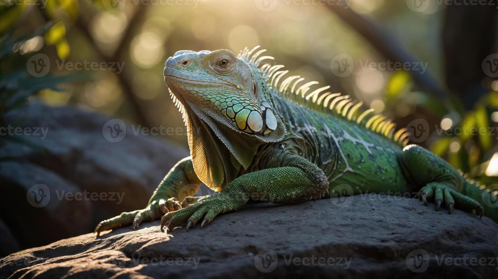 A close-up of a green iguana basking on a rock in a natural setting. photo