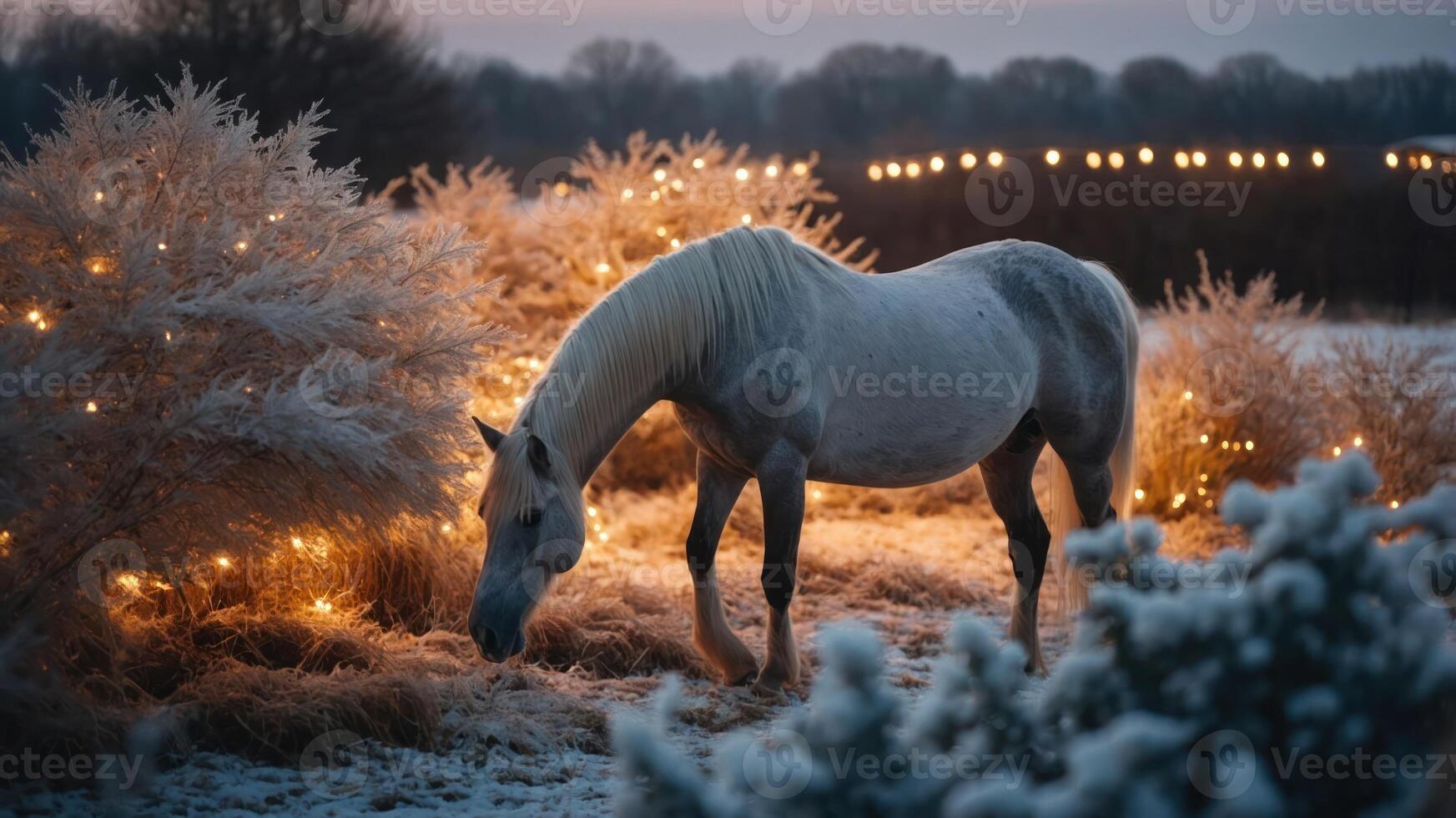 A serene winter scene featuring a gray horse grazing among frosted bushes and fairy lights. photo