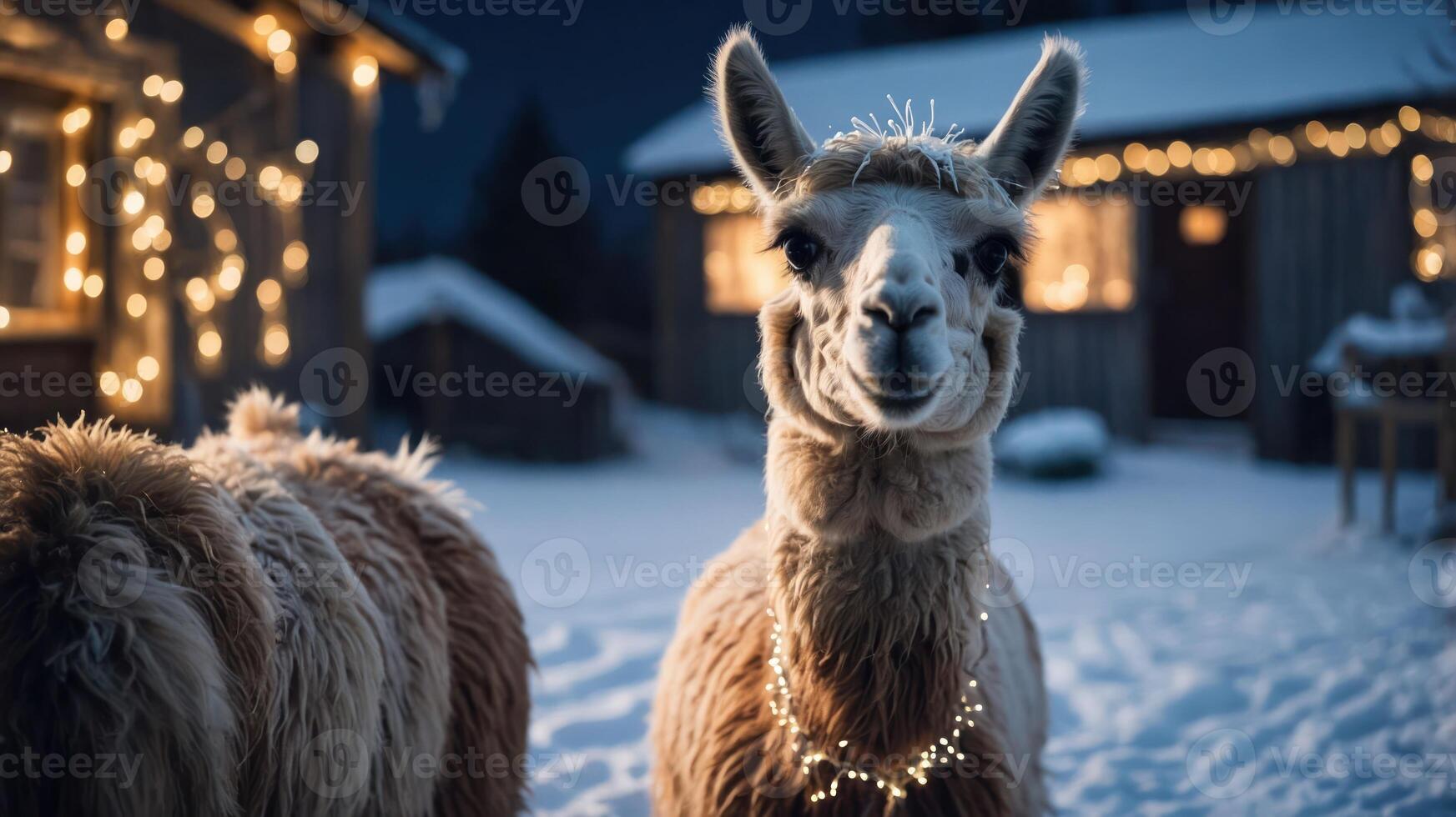 A cheerful llama adorned with lights in a snowy landscape during winter. photo
