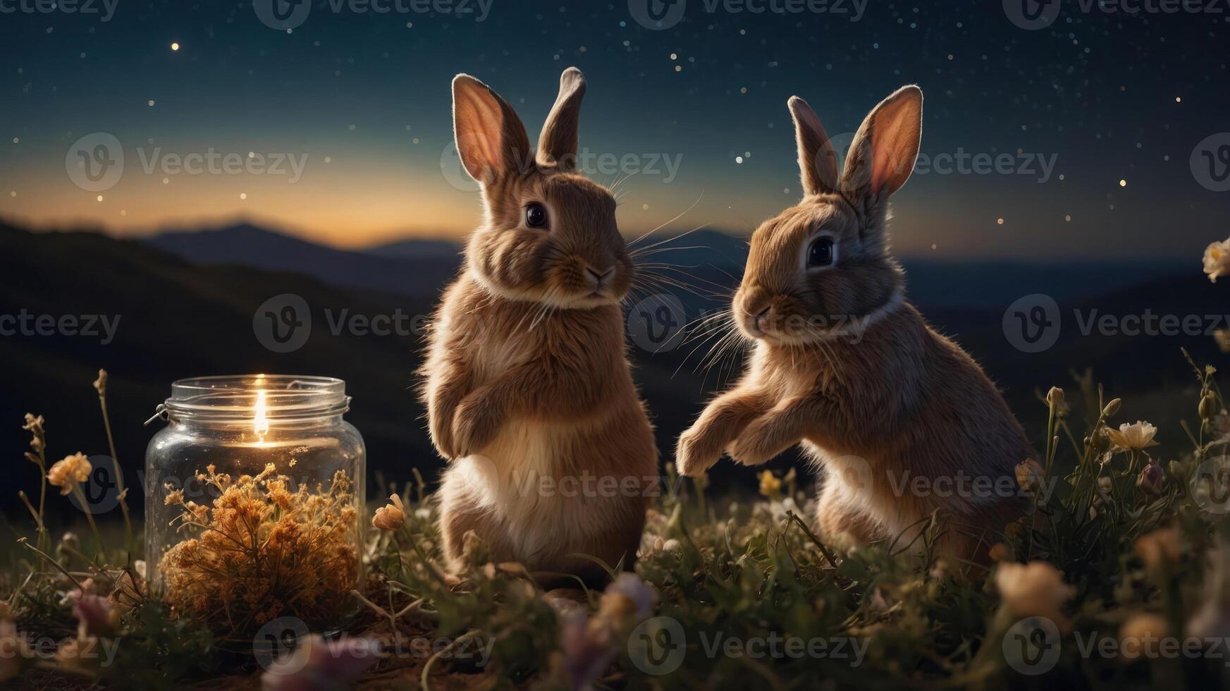 Two rabbits play near a glowing jar in a serene, starry landscape at dusk. photo