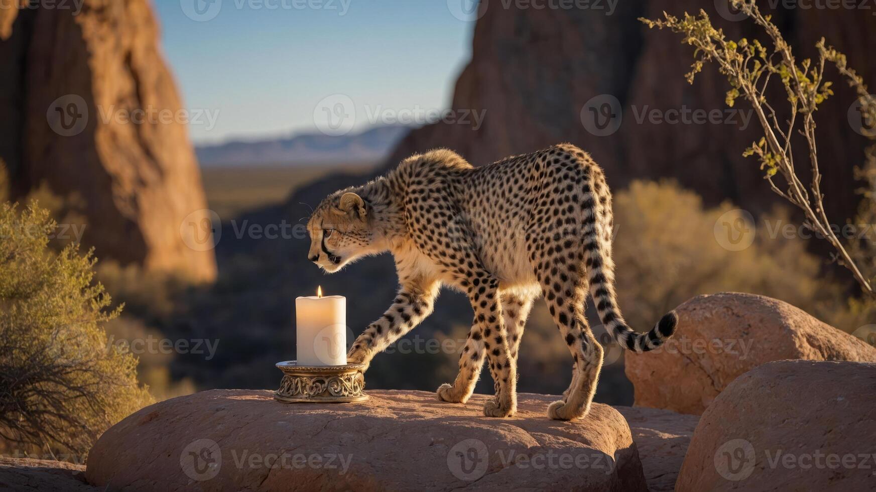 A cheetah curiously approaches a candle in a scenic desert landscape. photo