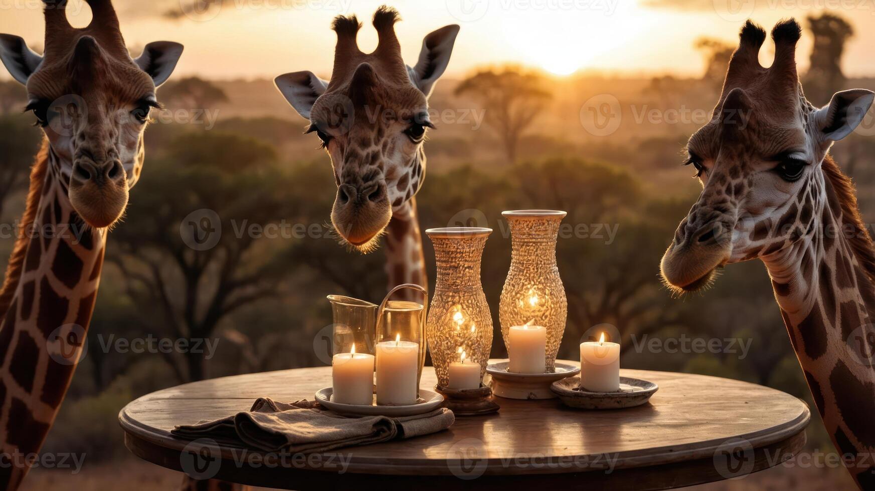 Giraffes curiously observing a candlelit table at sunset in a serene landscape. photo