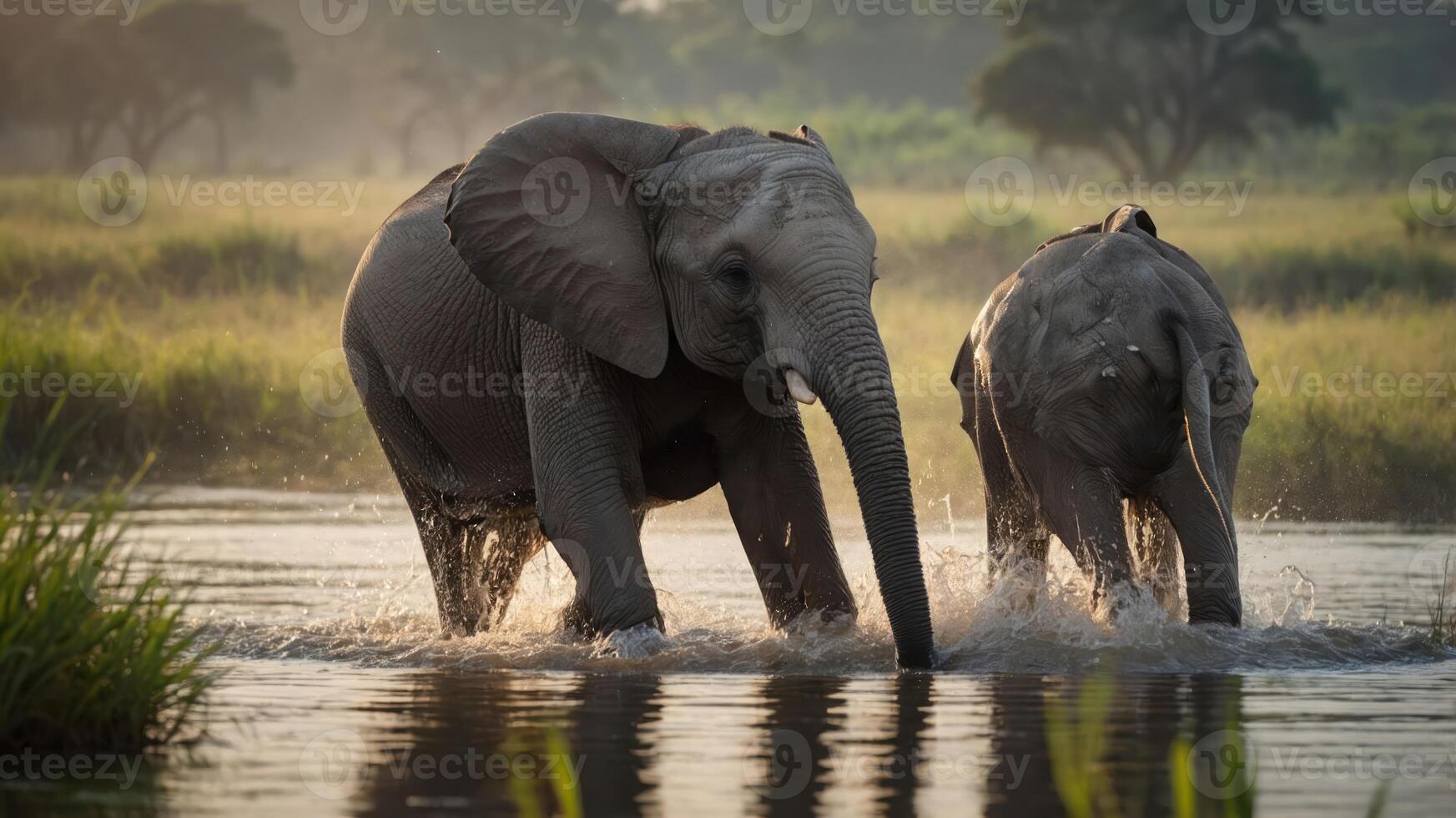 Two elephants wade through a serene river at sunset, showcasing wildlife in their natural habitat. photo