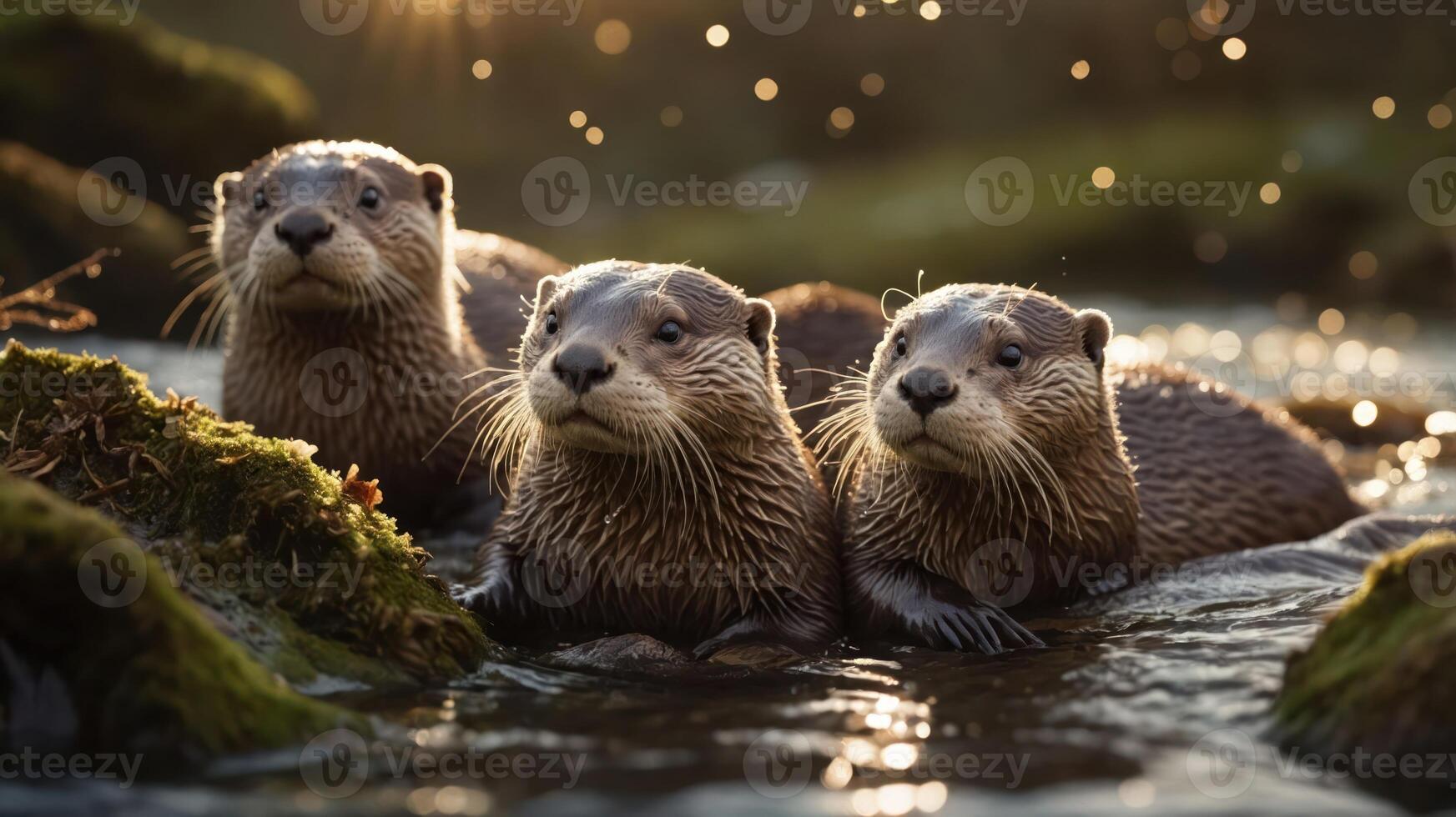 Three otters playfully emerge from a serene water setting, illuminated by soft sunlight. photo