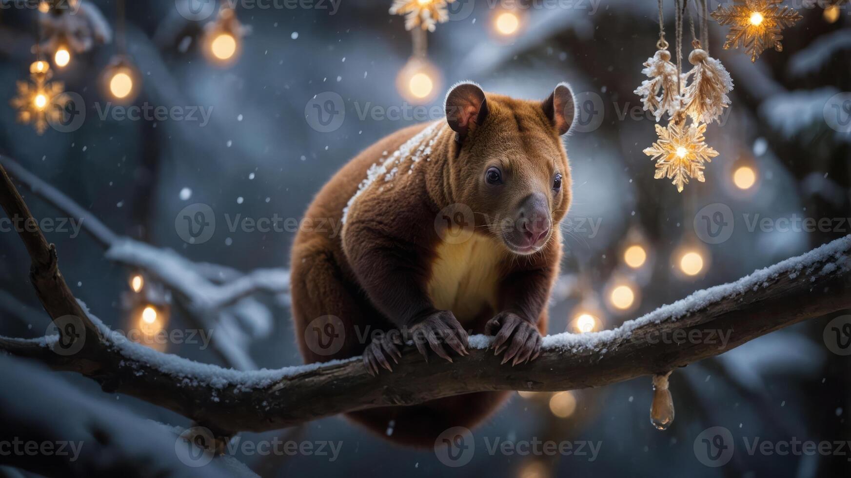 A cozy scene featuring a tree kangaroo amidst snow and twinkling lights. photo