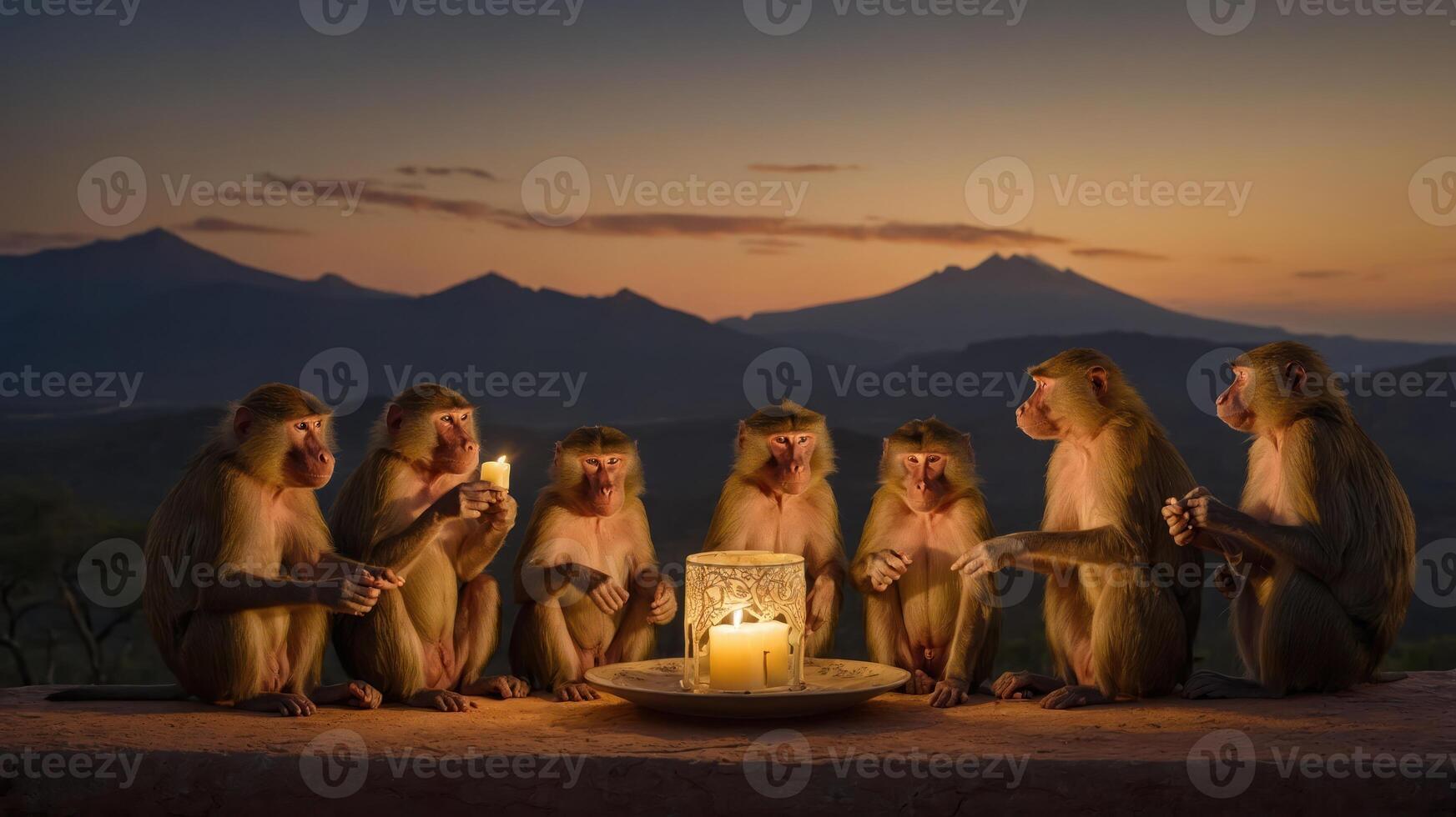 A group of monkeys gathered around a candlelit plate during sunset in a serene landscape. photo