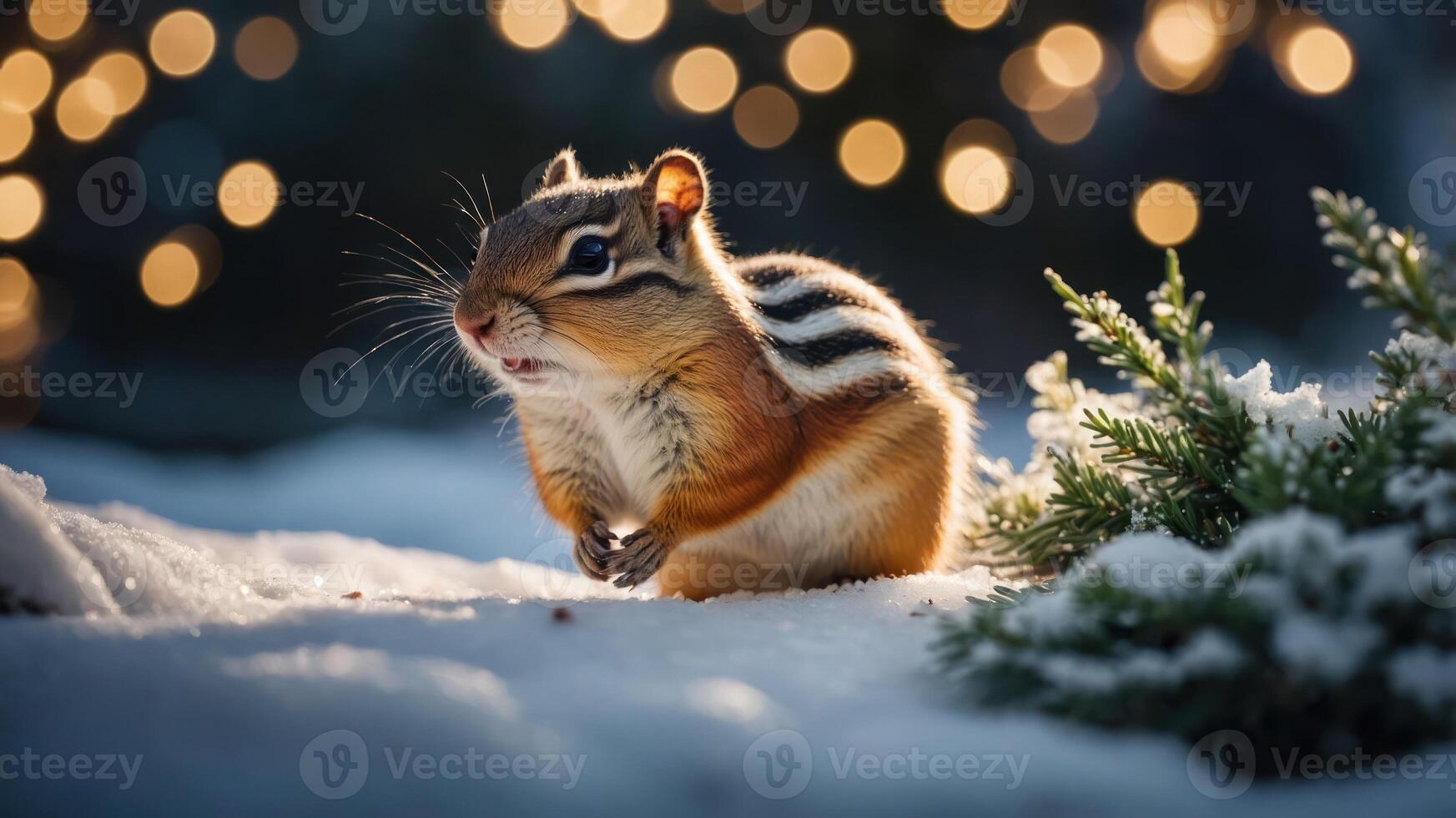 A chipmunk in the snow surrounded by twinkling lights, evoking a cozy winter atmosphere. photo