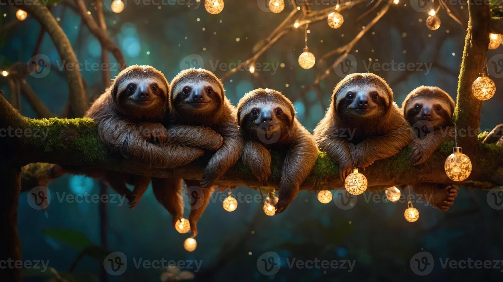 Five sloths relax on a branch adorned with glowing lights in a serene forest setting. photo