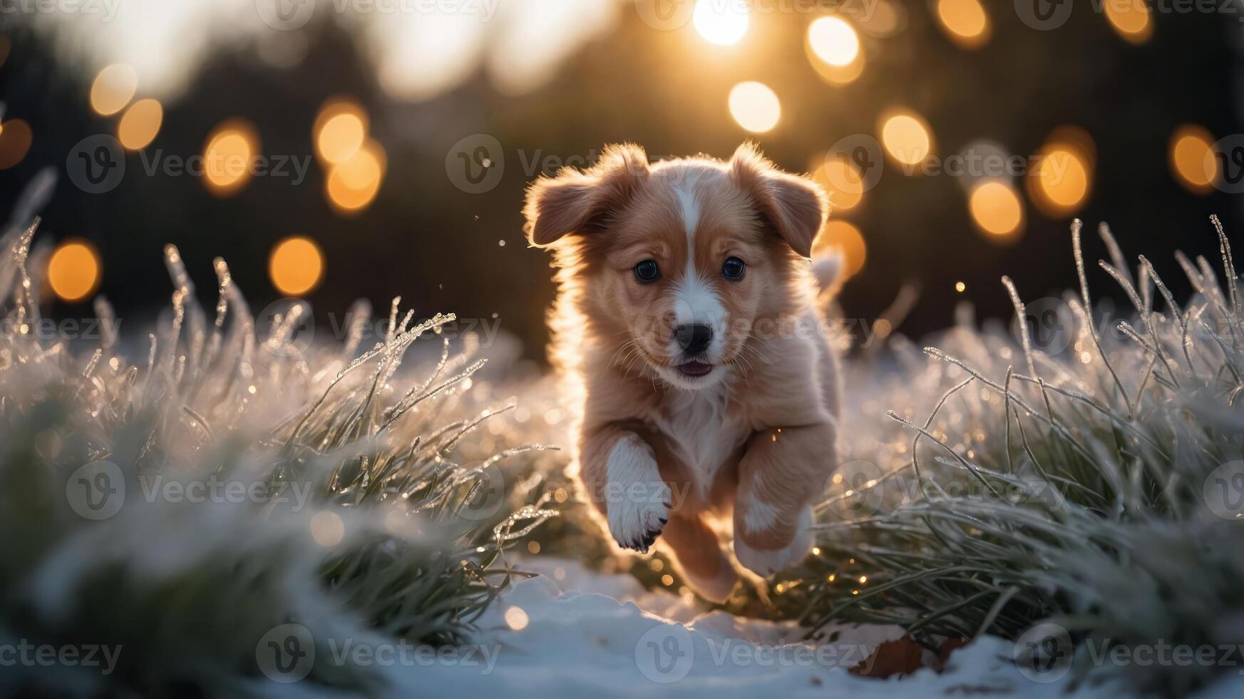 A playful puppy runs through frosty grass with a warm sunset backdrop. photo