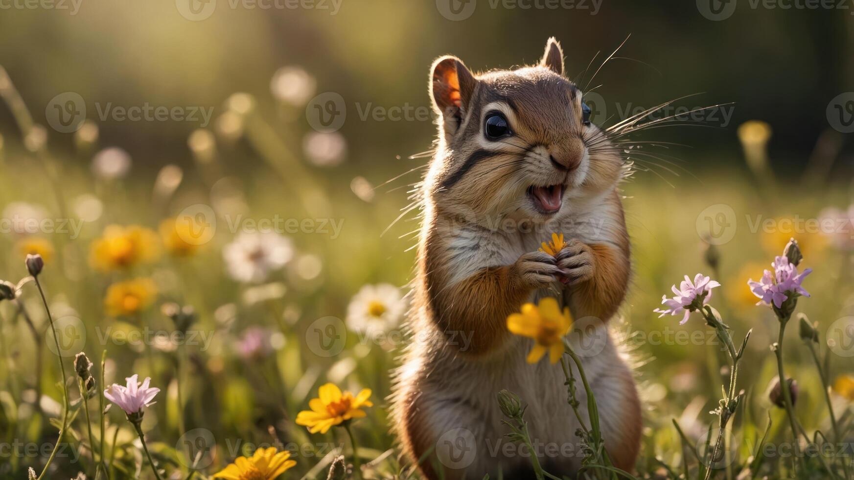 A cheerful squirrel holding a flower amidst a field of colorful blooms in warm sunlight. photo