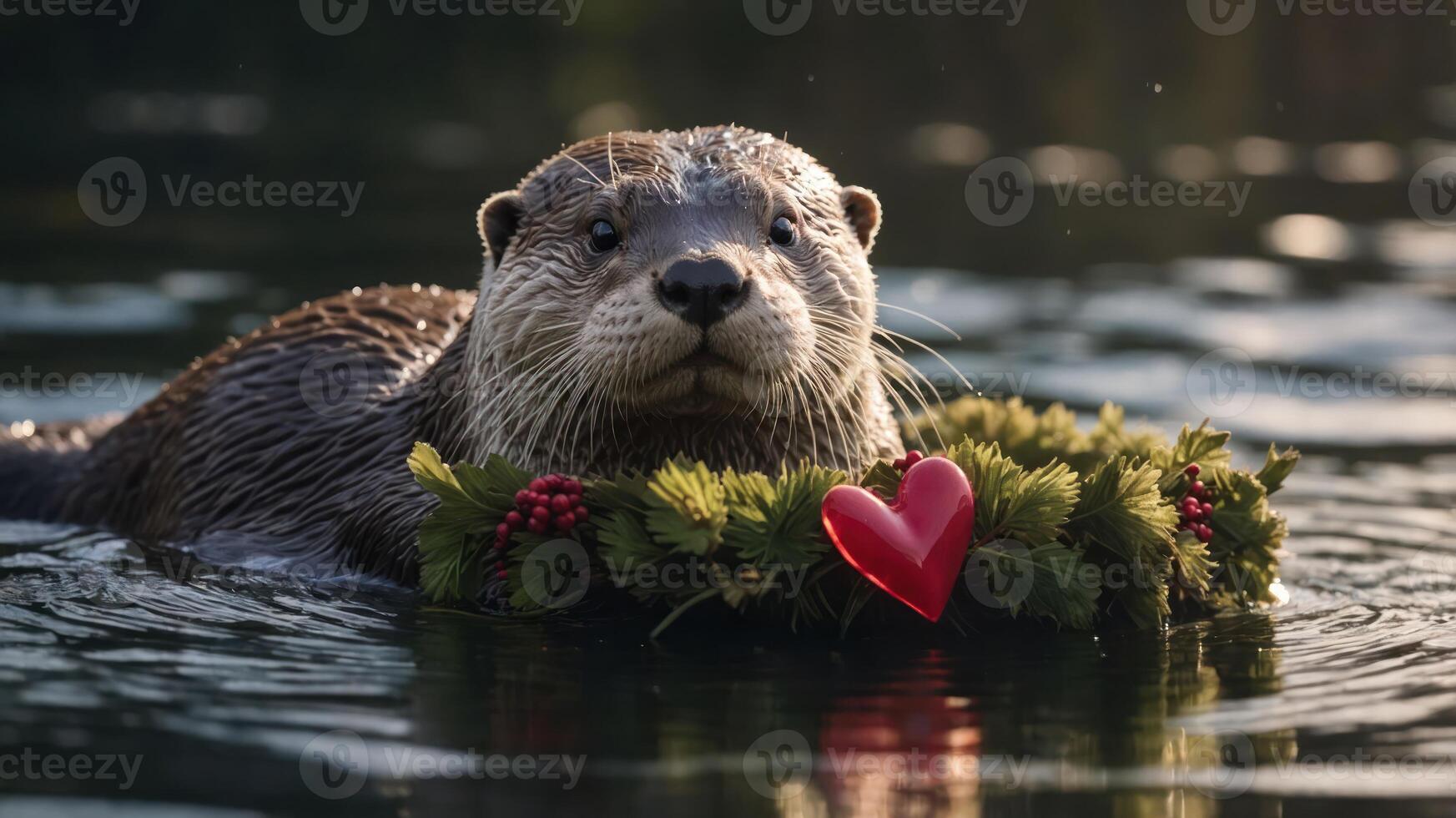 An otter wearing a festive wreath and holding a heart floats in a serene water setting. photo