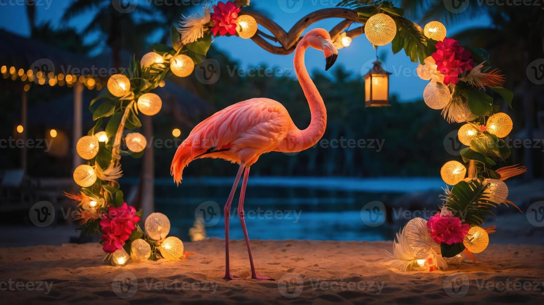 A pink flamingo stands elegantly under a floral arch adorned with lights by a serene water backdrop. photo