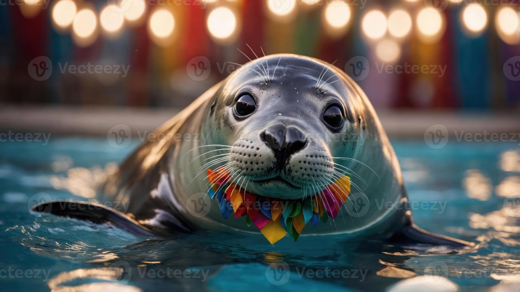 A playful seal with a colorful collar swimming in a pool, exuding charm and joy. photo