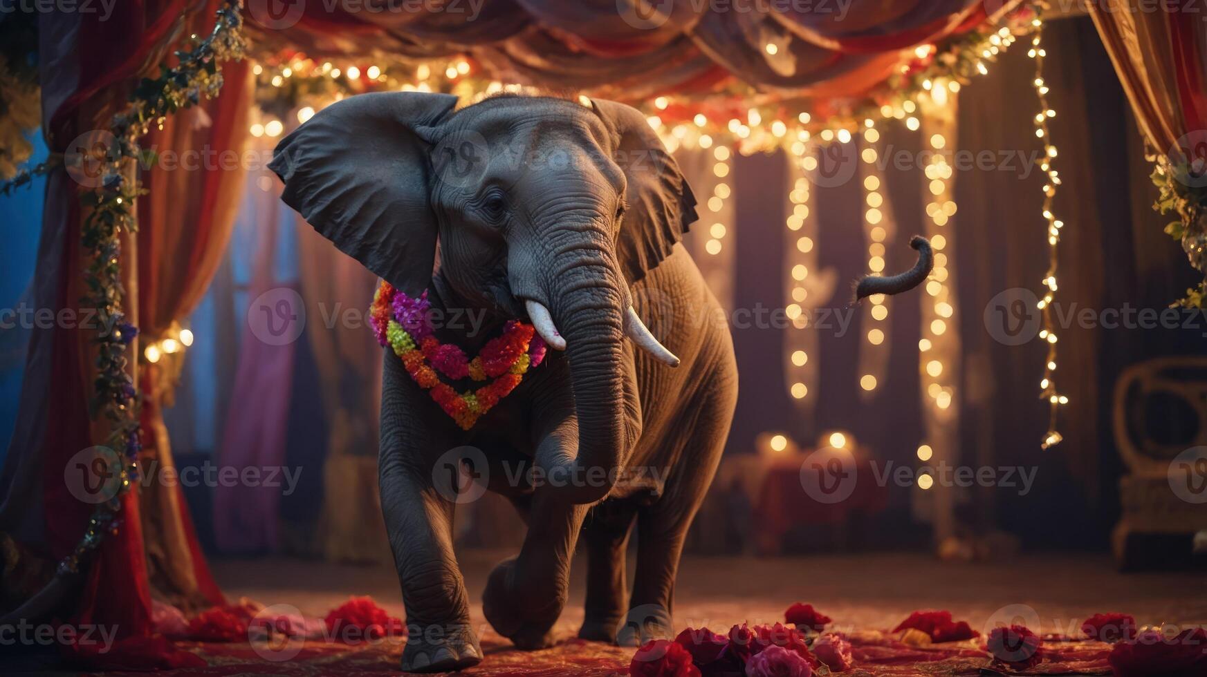 An elephant adorned with a flower necklace in a festive, decorated setting. photo