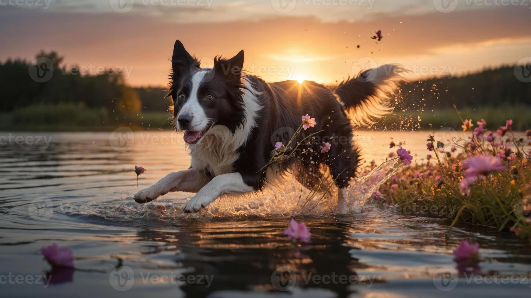 A playful dog leaps through a vibrant sunset reflecting on a serene lake surrounded by flowers. photo