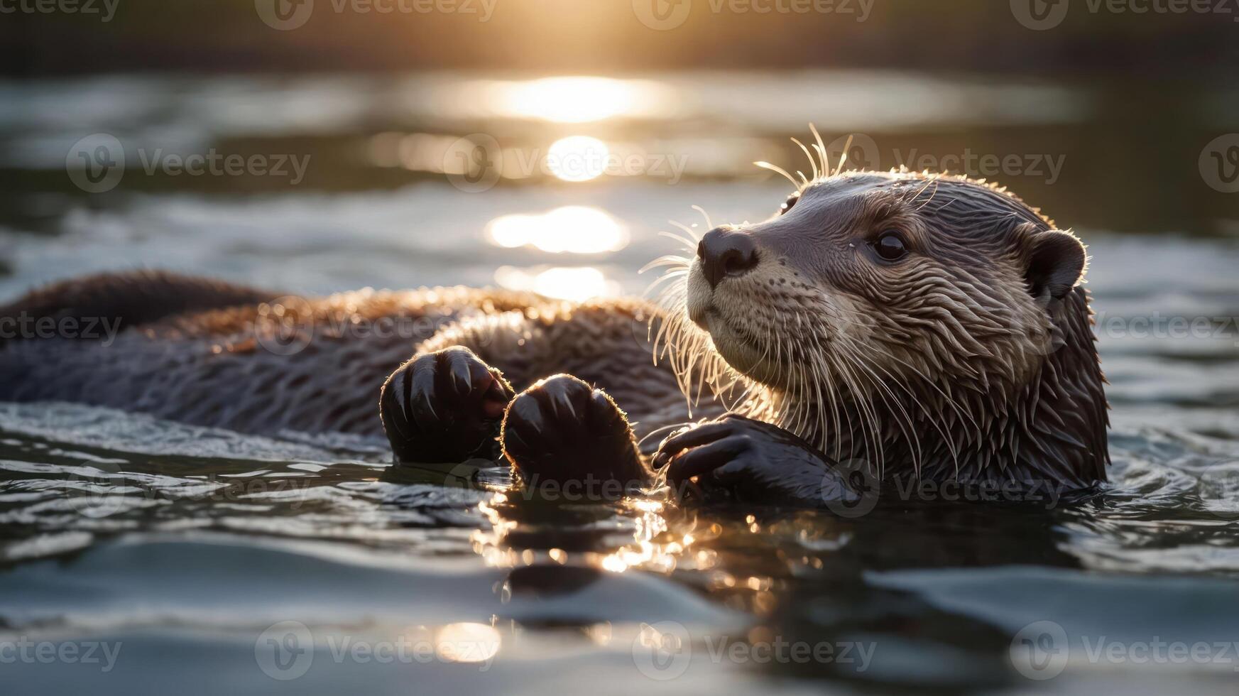 A serene otter floating in water, illuminated by soft sunlight during sunset. photo