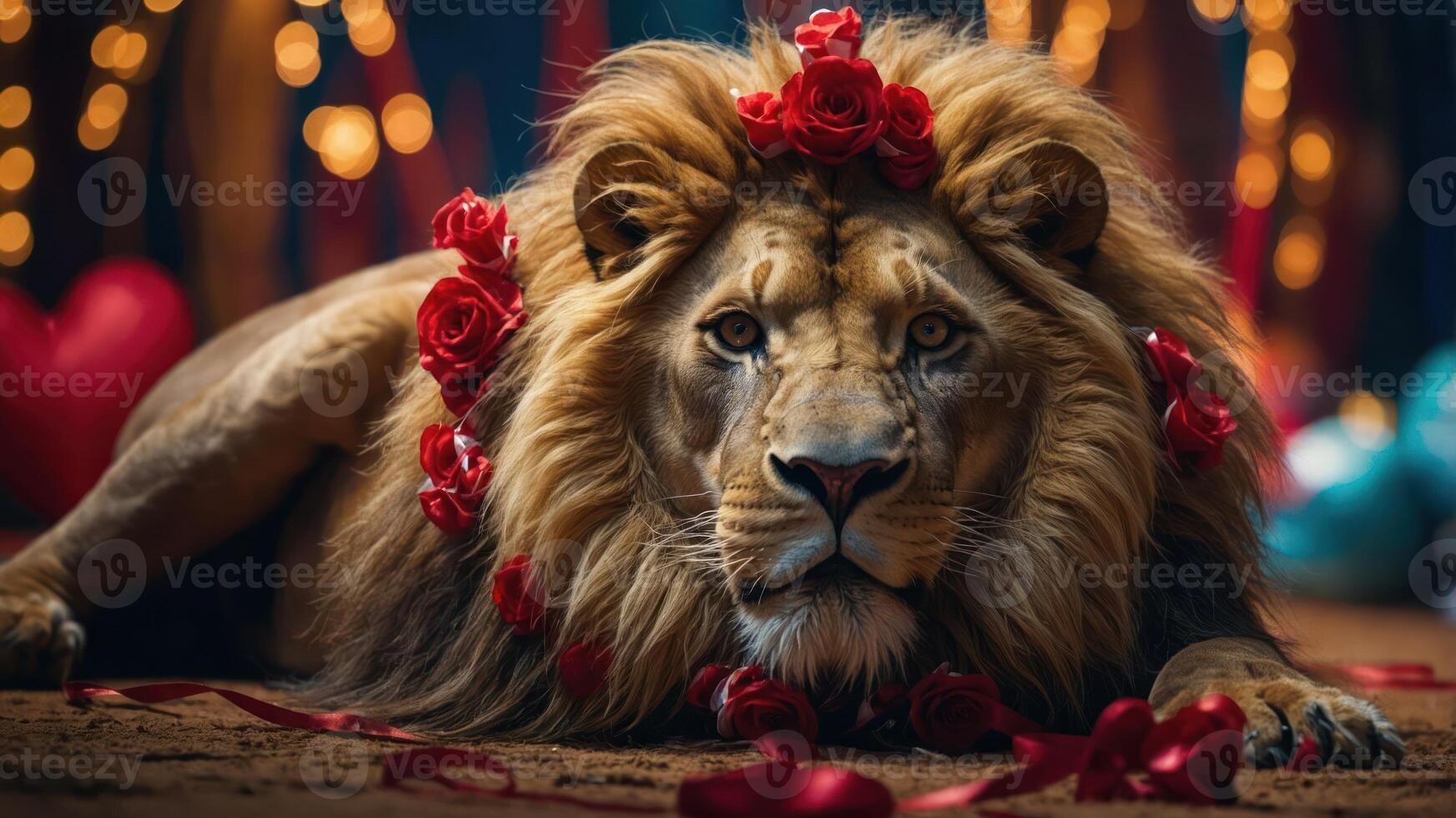 A majestic lion adorned with red roses, exuding elegance and power in a vibrant setting. photo