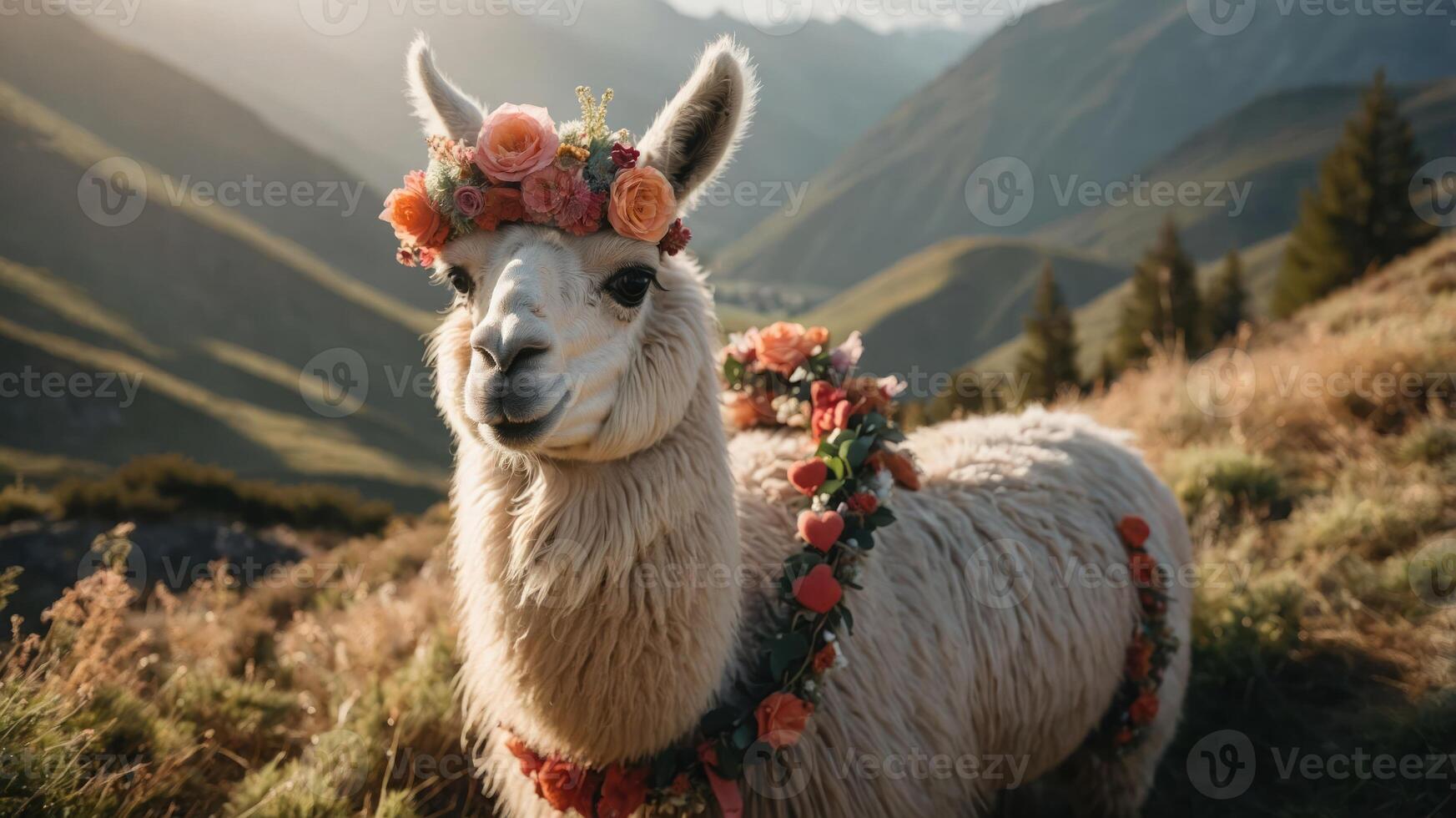 A decorated llama stands in a scenic mountainous landscape adorned with floral arrangements. photo