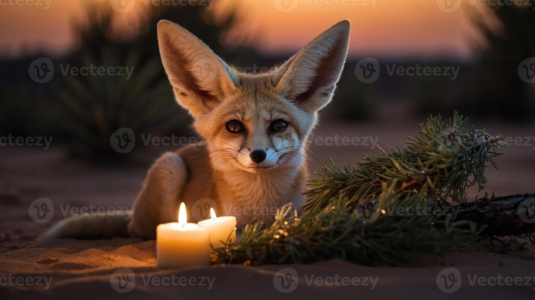 A serene fennec fox rests beside candles and greenery at sunset in a desert landscape. photo