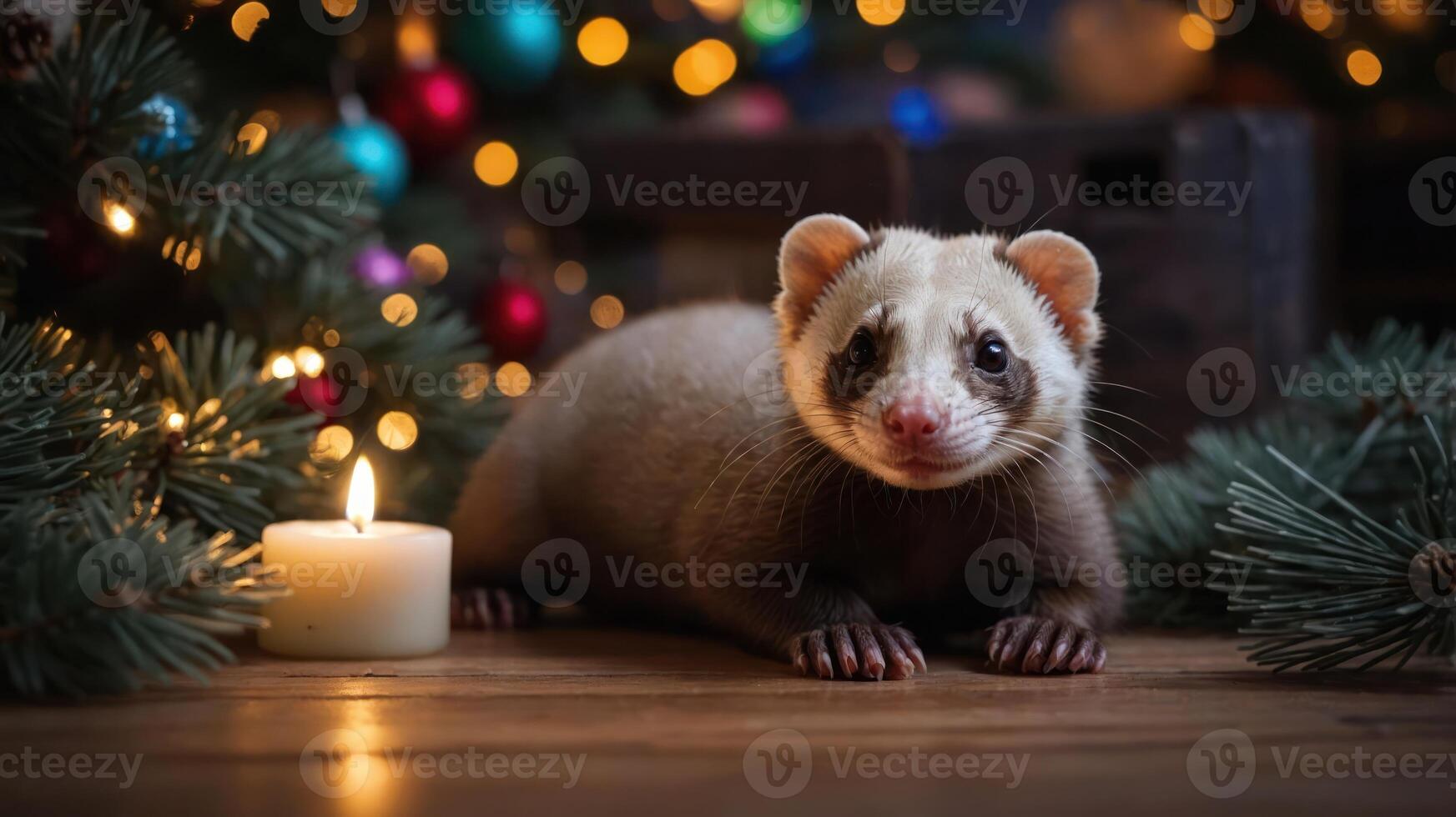 A cute animal with festive decorations and a candle in a cozy holiday setting. photo