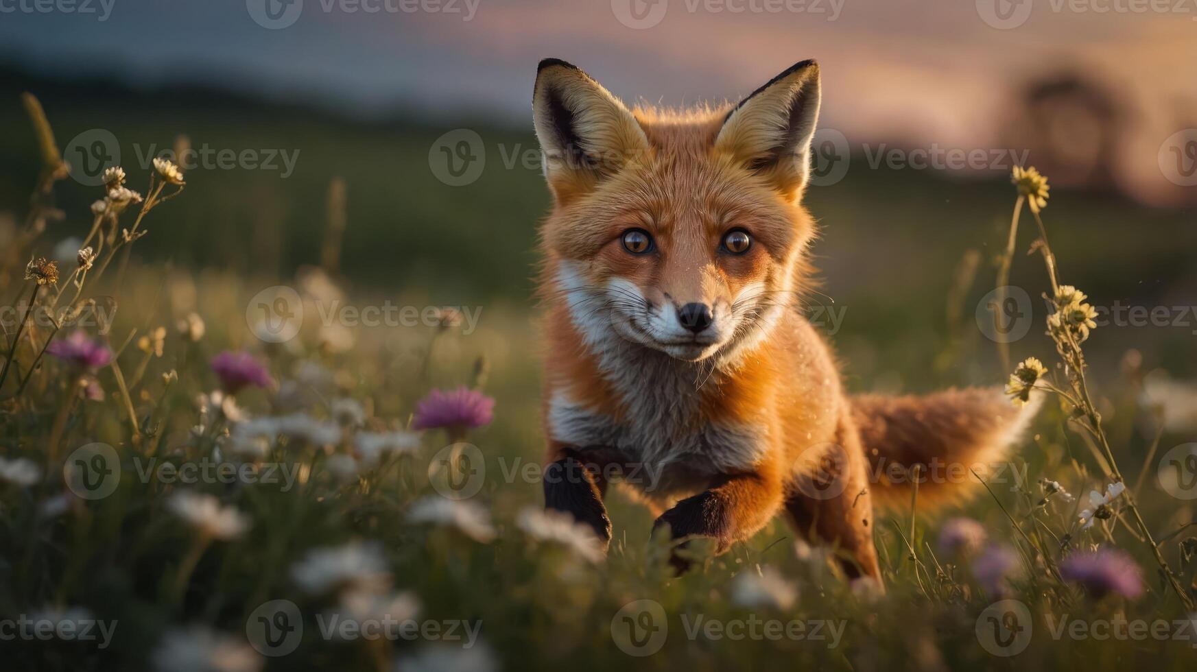 A fox running through a field of flowers at sunset, showcasing nature's beauty. photo